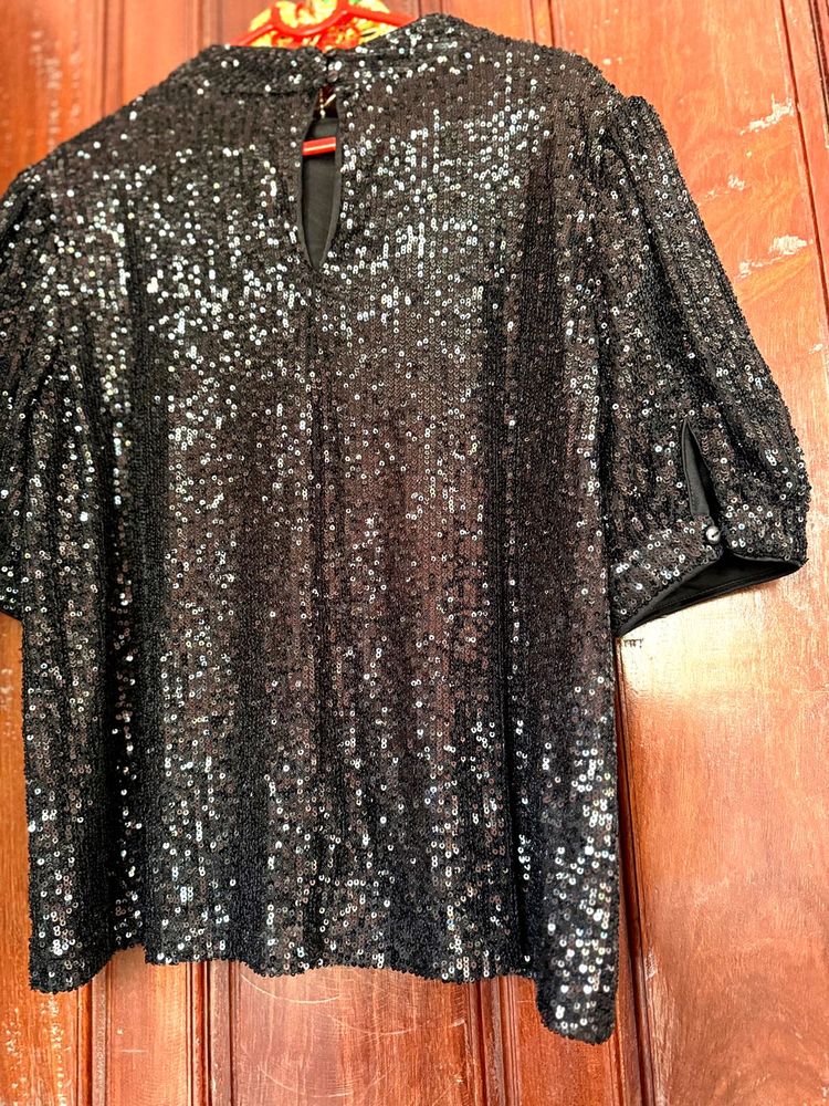 Black Sequin Puff Sleeve Top