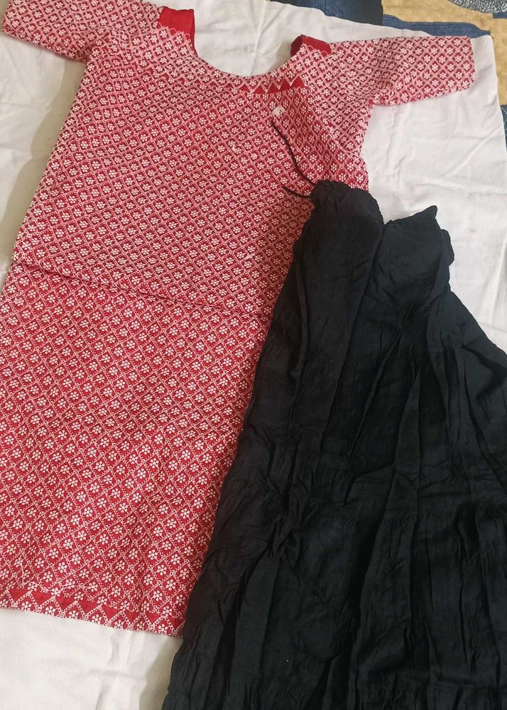 Pink &amp; White Color Ka Kurta And Black Long Skart💃