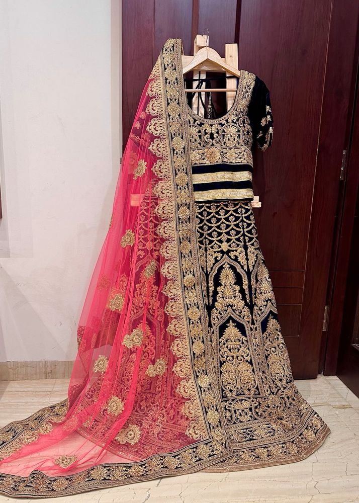 Navy Blue Peach Velvet Embroidered Lehenga Choli