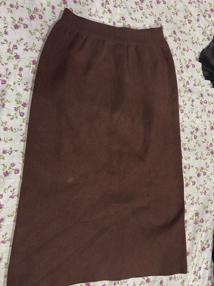 Brown Knit Midi Skirt
