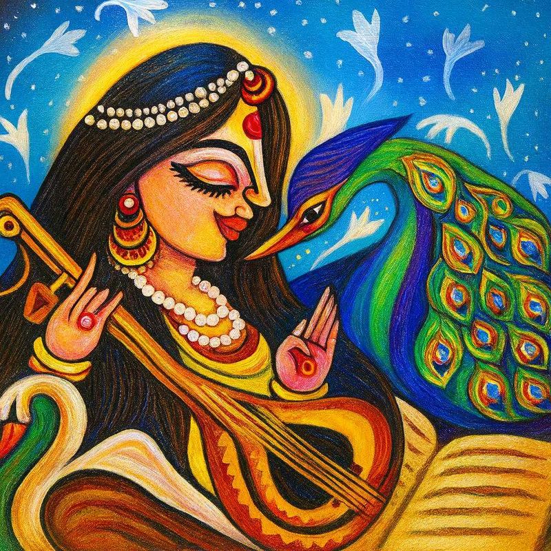 Saraswati Devi with Peacock and swan Artwork