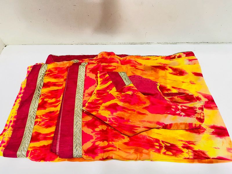 Multicoloured Synthetic Saree With Lace