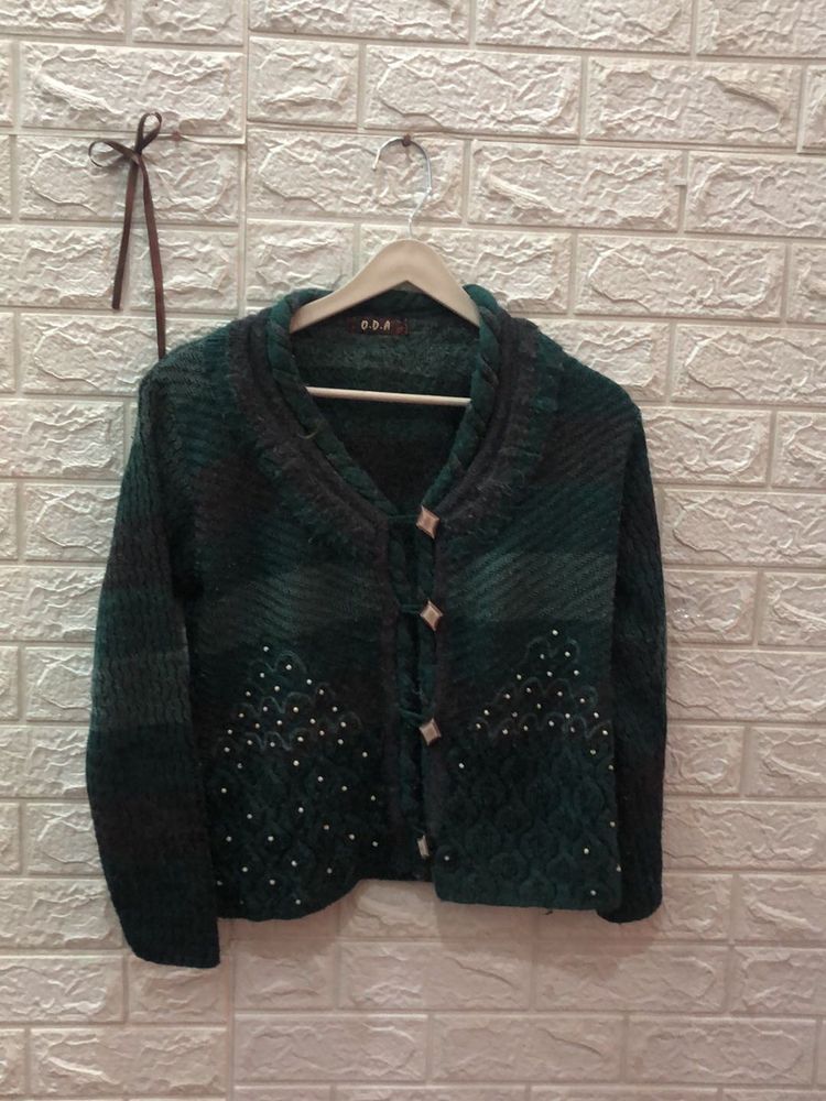 Stylish Green Embellished Cardigan