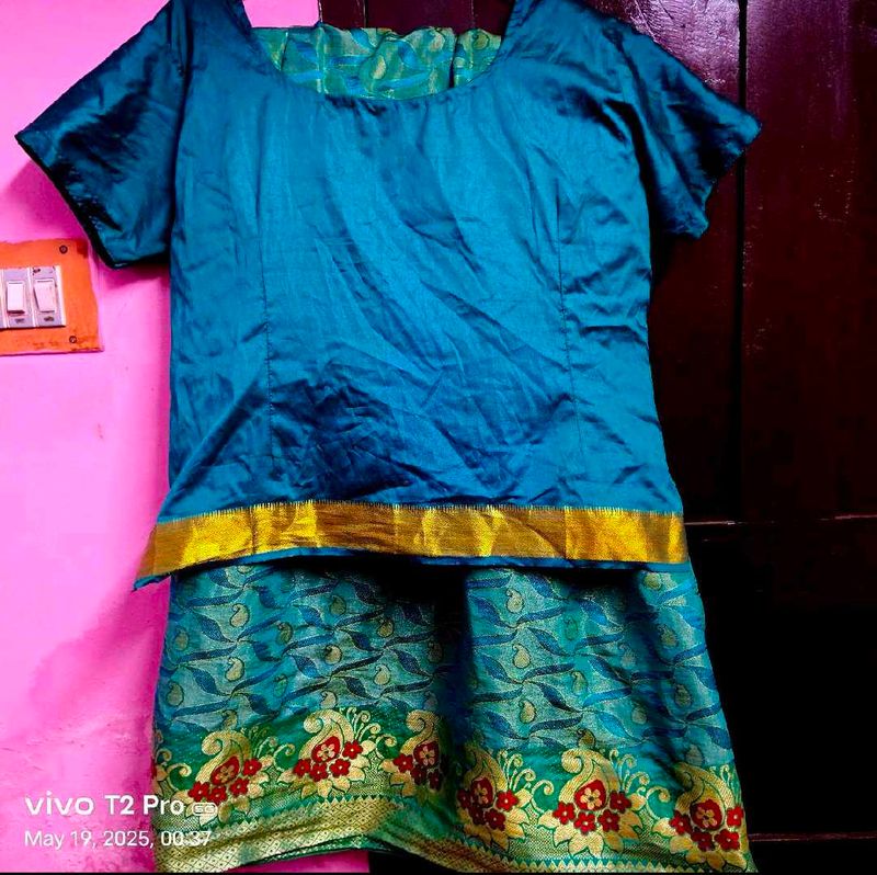 Teal Silk Blouse And Long Skirt( Pattupavada)