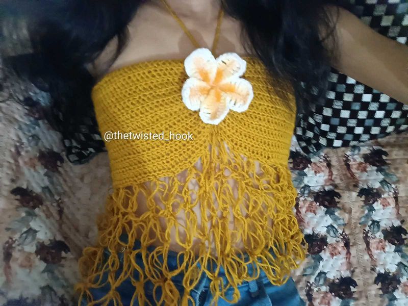 🌼 Handmade Mustard Crochet Fringe Top with Flower