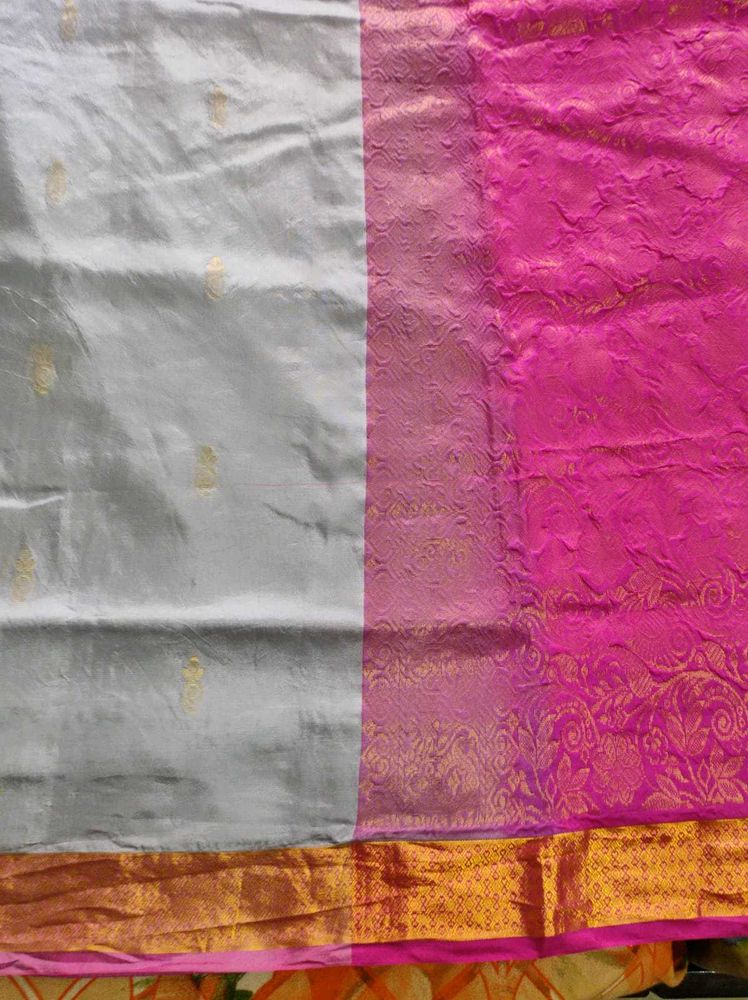 Elegant Pink &amp; Grey Soft Silk Saree