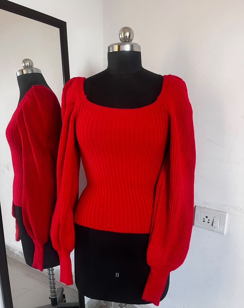 Red Knit Square Neck Top