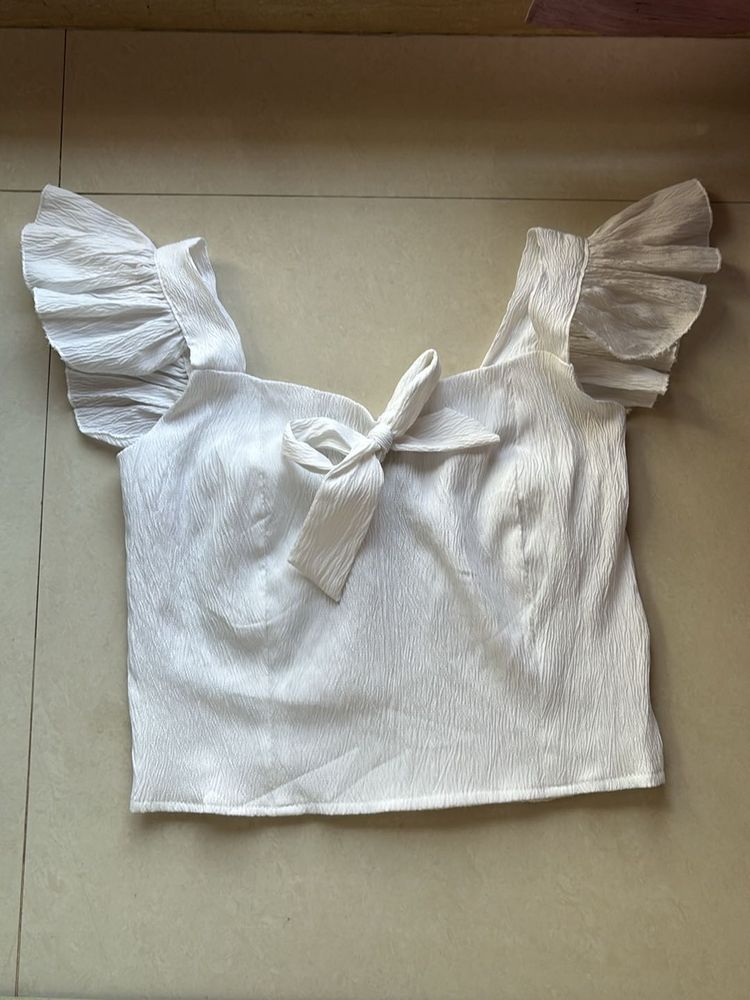 White Ruffle-Sleeve Bow Top