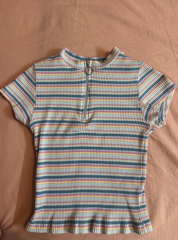 stripes zip up crop top