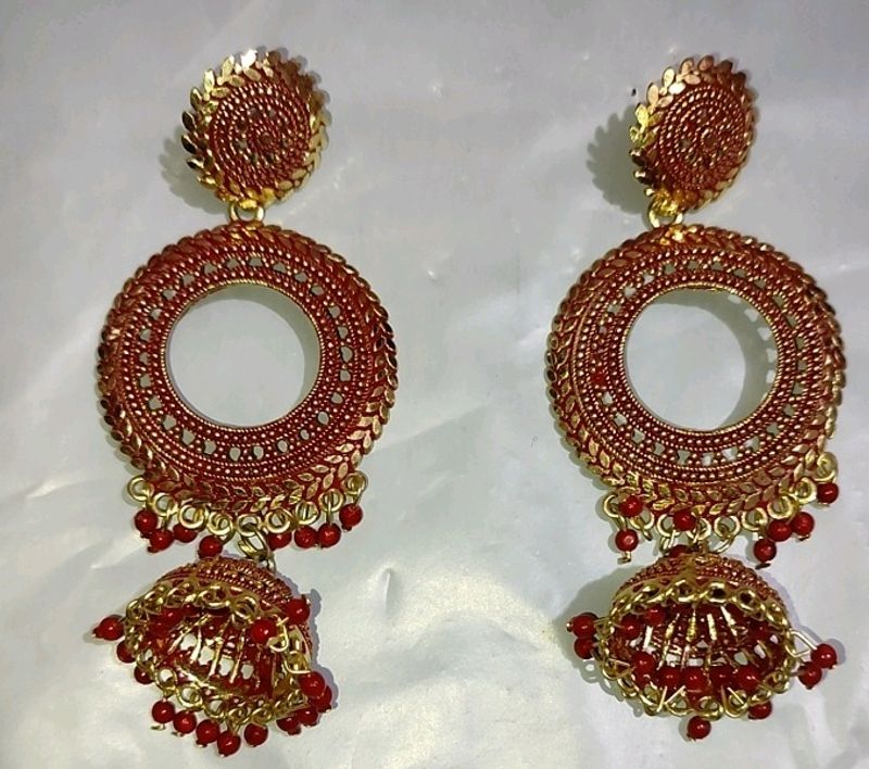Red &amp; Golden Jhumki Earing Studs