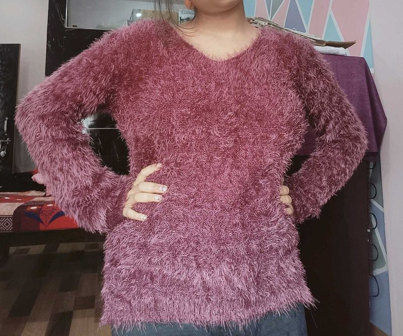 Fuzzy Plum V-Neck Sweater