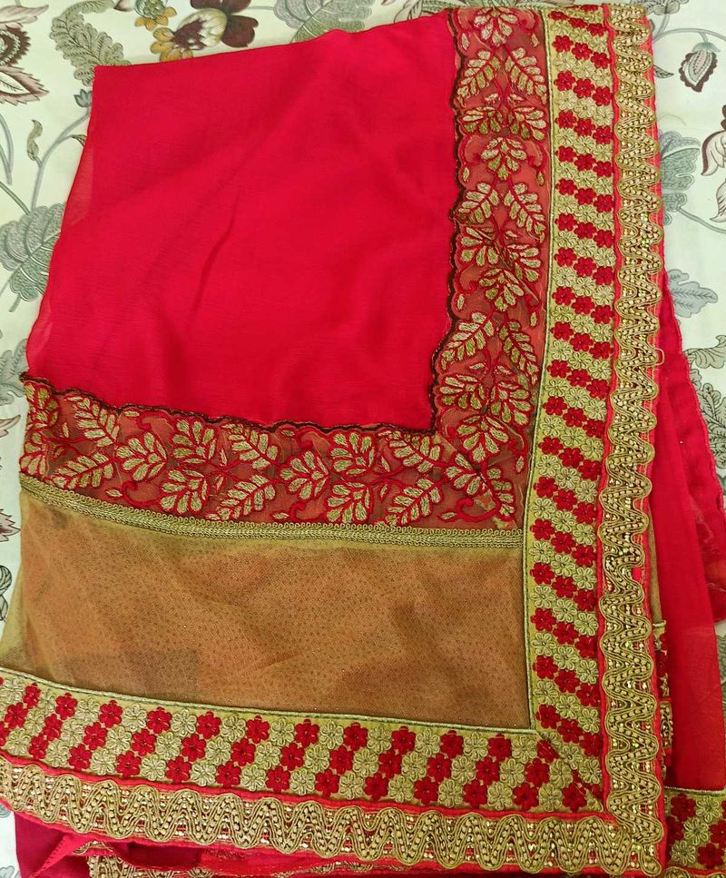 Beautiful Red Embroidery Saree With Blouse🥀