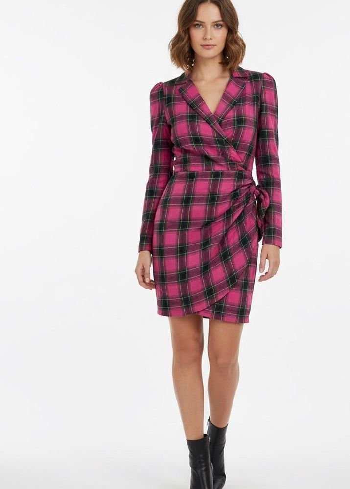 Pink Plaid Wrap Dress