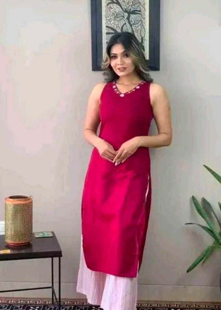 Magenta Kurti with Embellished Neckline