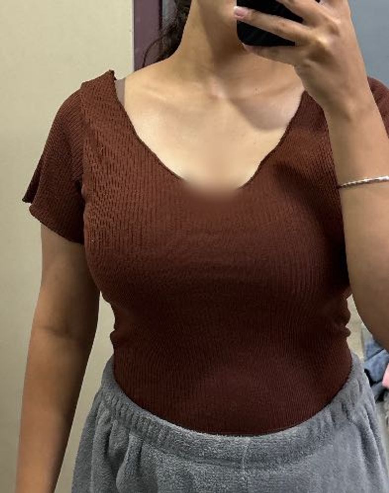 Brown Ribbed Crop Top
