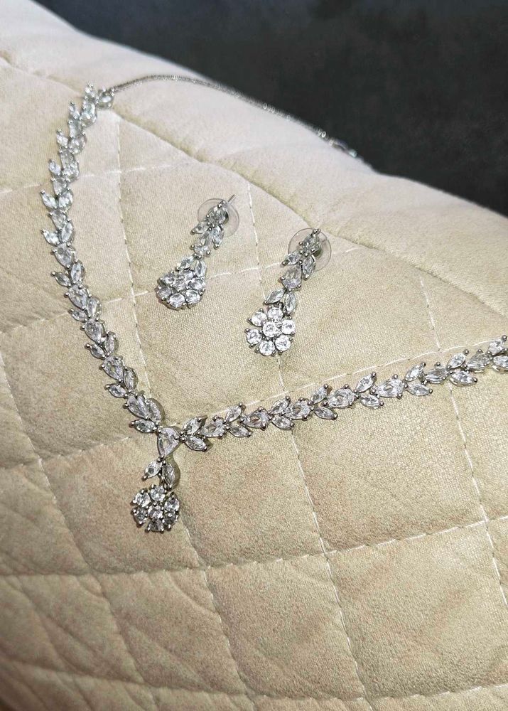 Sparkling Silver AD Necklace Set with earrings