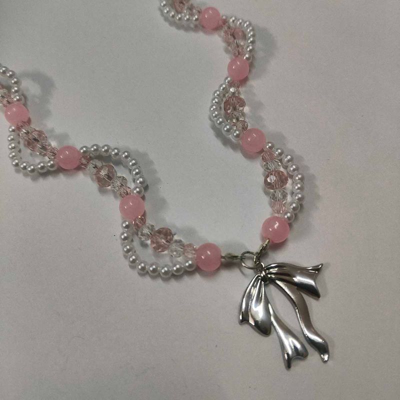 Pink Beaded Bow Necklace
