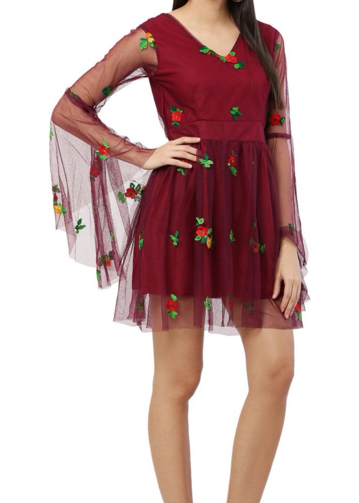 Burgundy Floral Embroidered Mini Dress