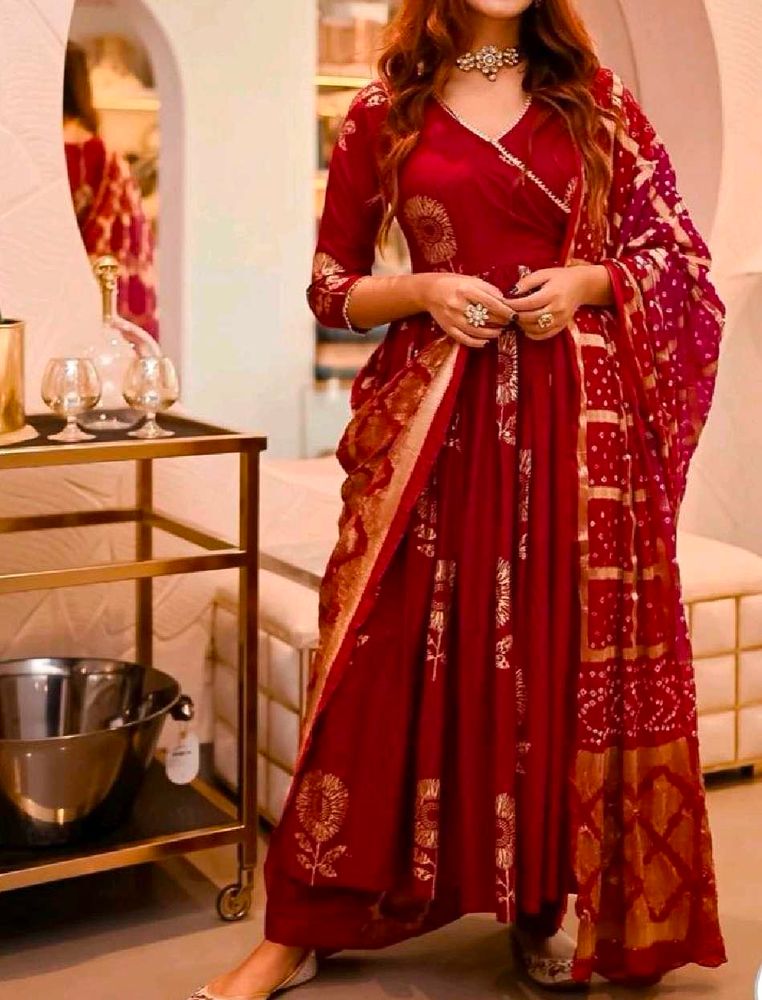 Aachho Maroon Angrakha Suit Set XL
