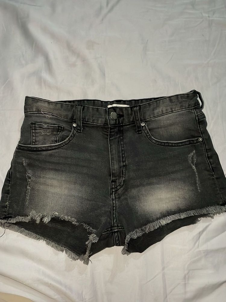 Frayed Black Denim Shorts
