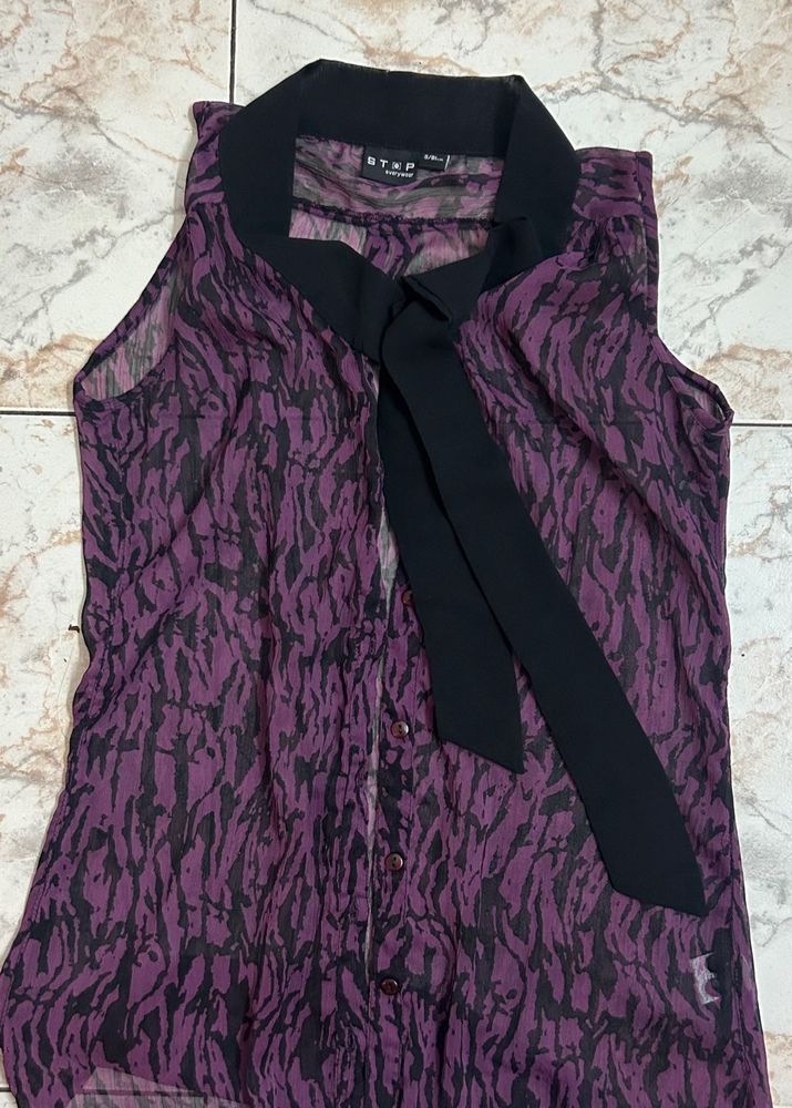 Purple Animal Print Tie Blouse