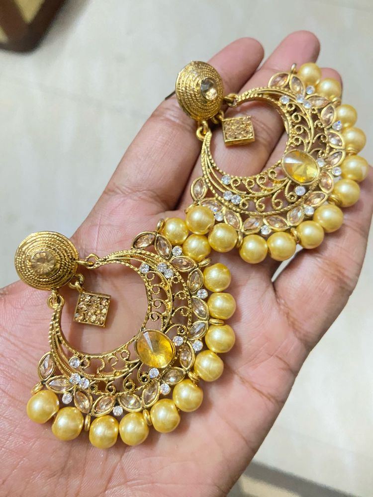 Statement Gold &amp; Pearl Chandbali Earrings