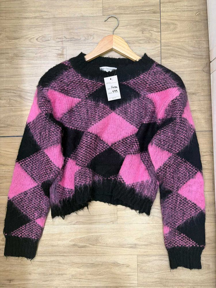 Pink Black Checkered Winter Top