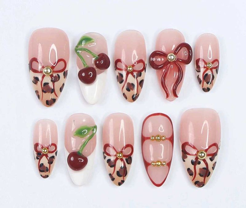 Sweet Cherry Nd Leopard French Press On Nails