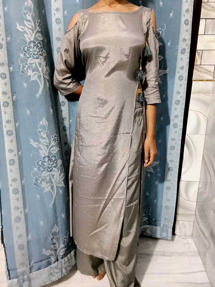 Gray Cold Shoulder Kurti Set