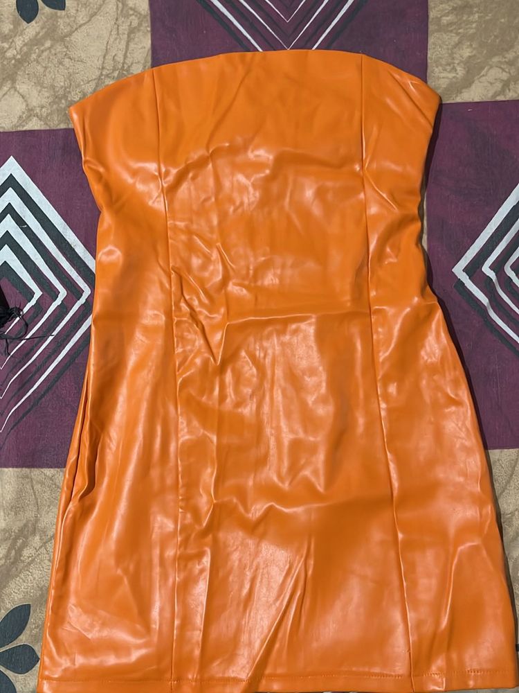 Orange Faux Leather Mini Dress