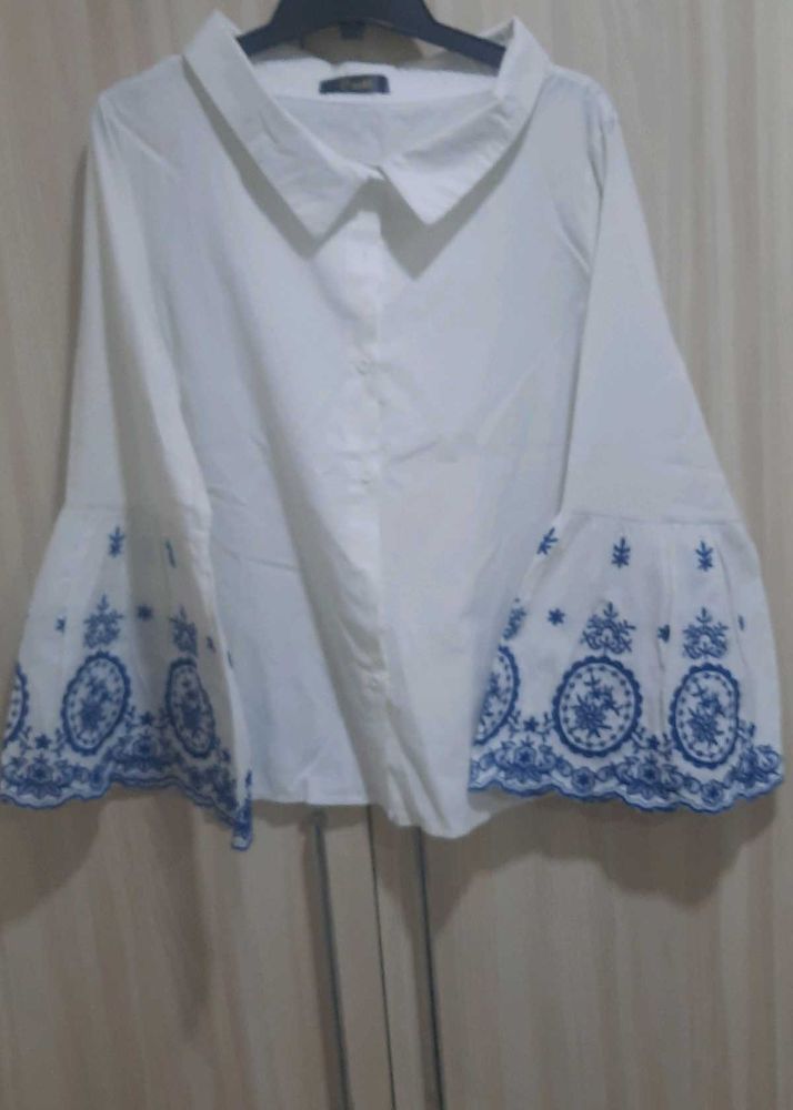 White Embroidered Bell Sleeve Top