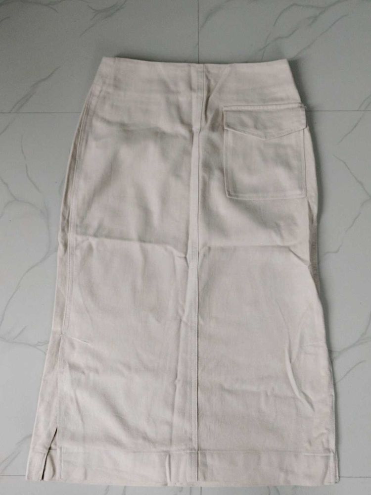 Beige Midi Skirt with Pocket Detail
