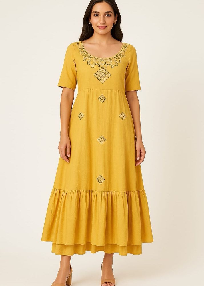 Yellow  Mustard Embellished Ruffle Dress