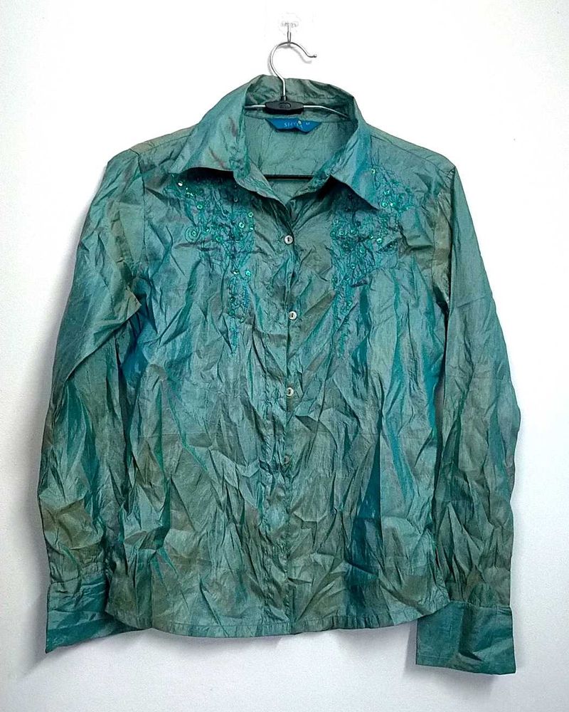 Teal Embroidered Long Sleeve crinkle Shirt