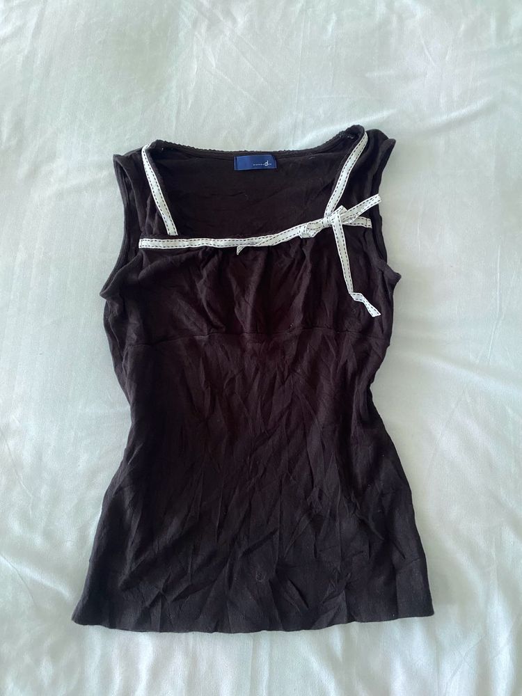 Brown Tank Top with Ribbon Detail