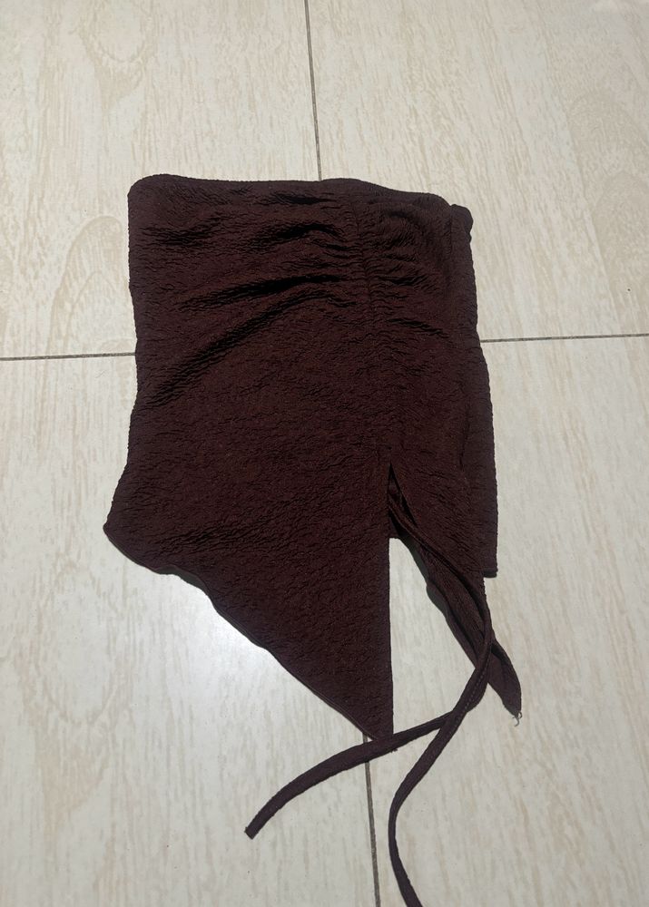 Brown Drawstring Strapless Asymmetrical Tube Top