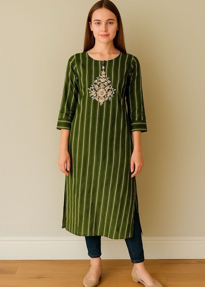 Green Striped Embroidered Kurti