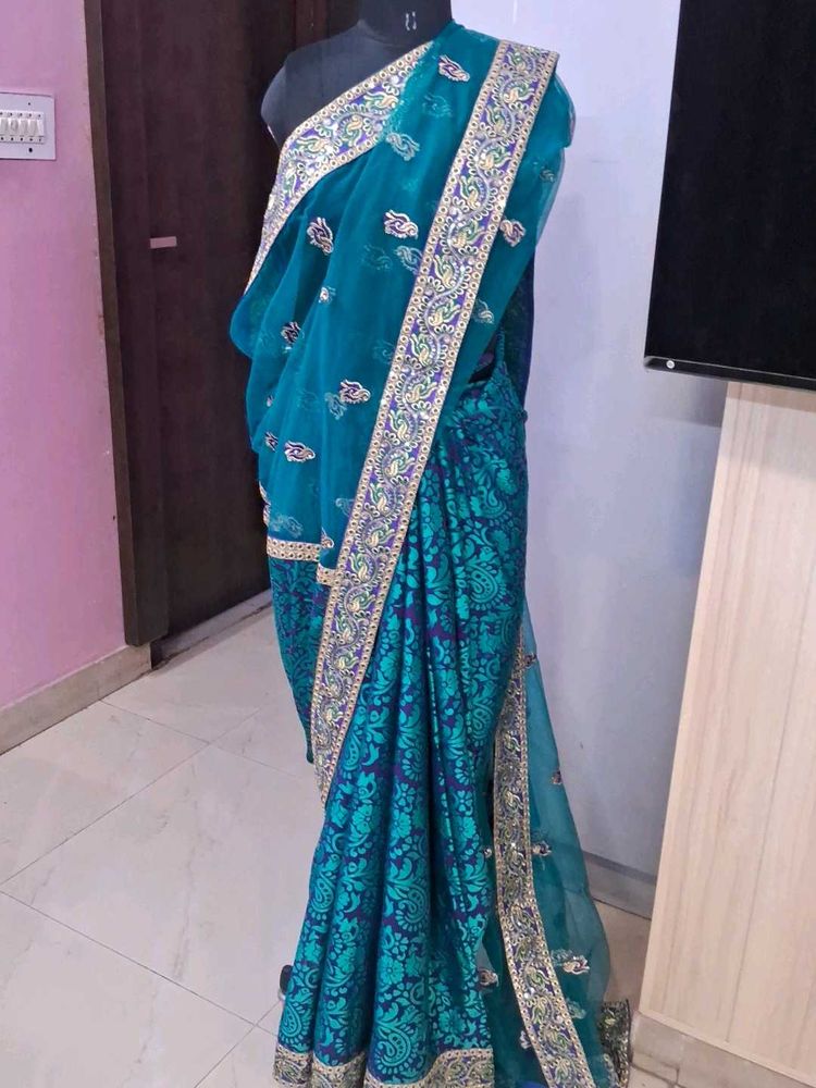 Jacquard Peacock Blue Saree