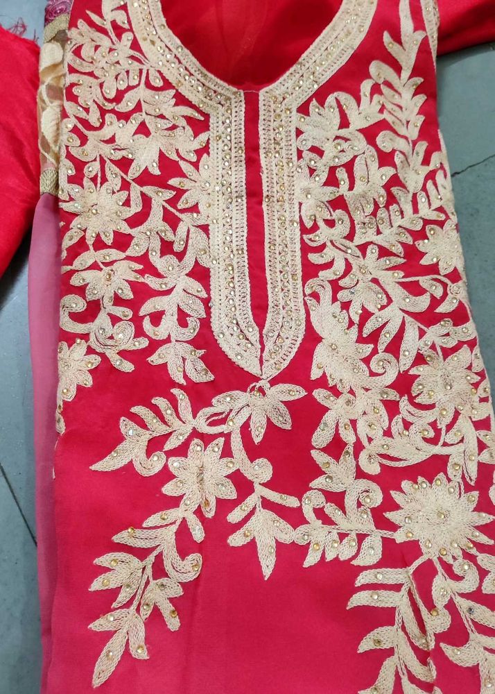 unstitched Elegant Red Kurta with plazo n aster