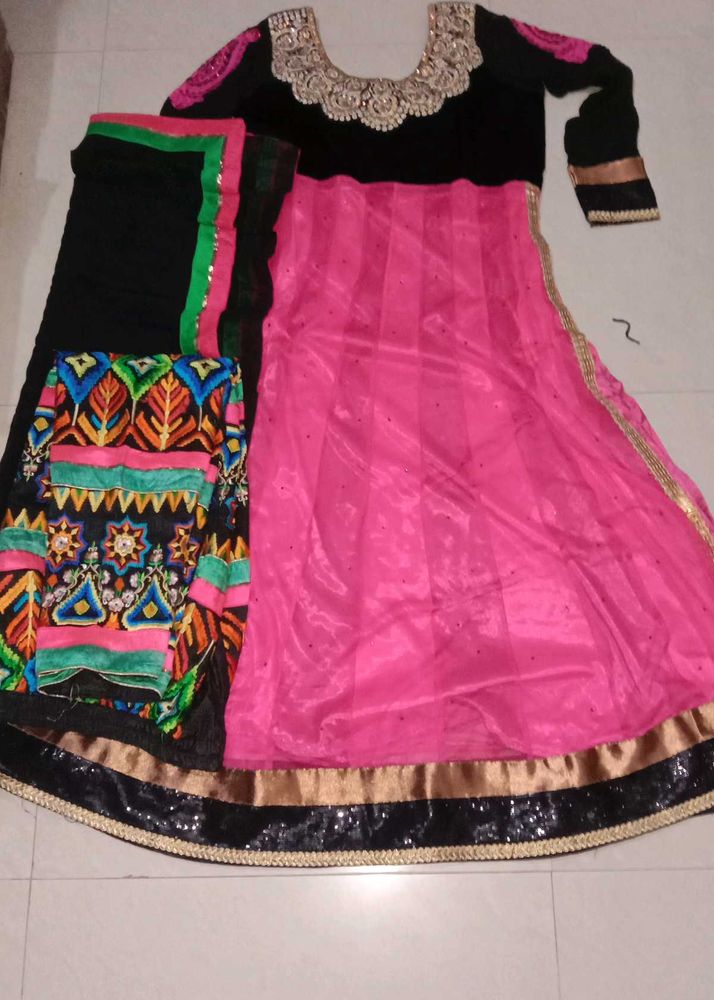 Elegant Pink &amp; Black Anarkali Suit