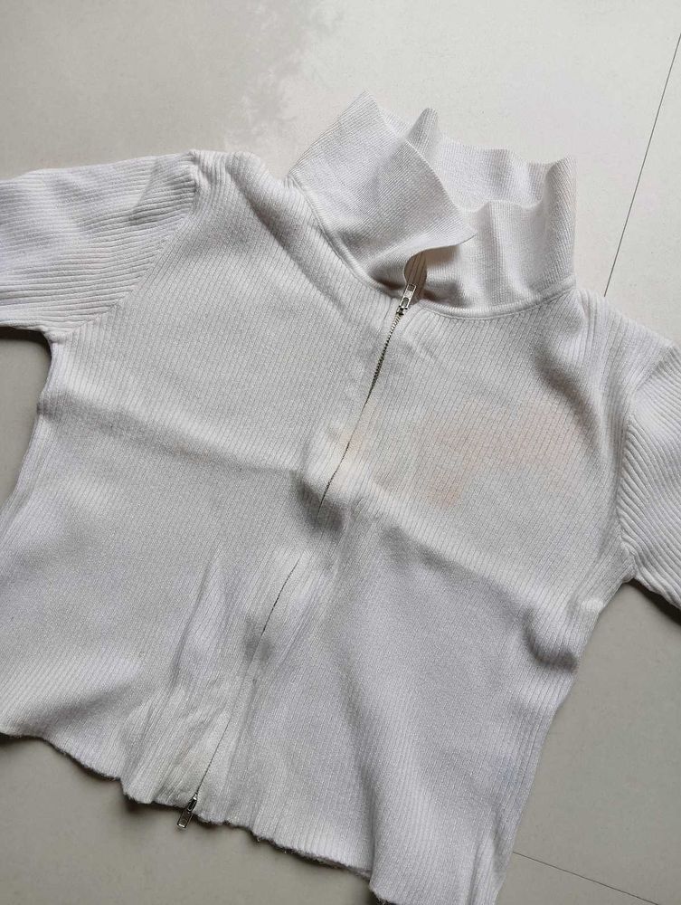 White Zip-Up Knit Top