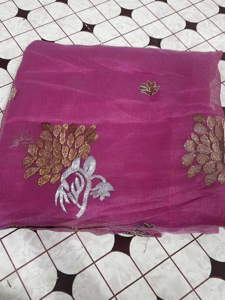 Magenta Net Dupatta with Zari &amp; Sequin Embroidery