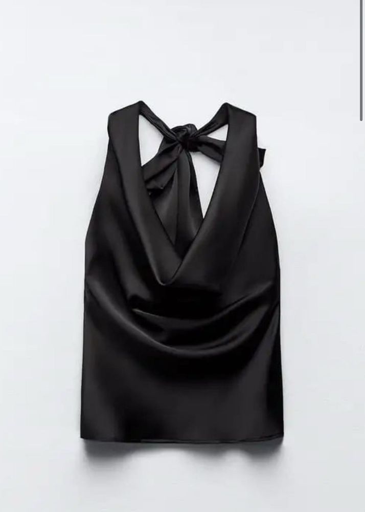 satin  Black Halter Top