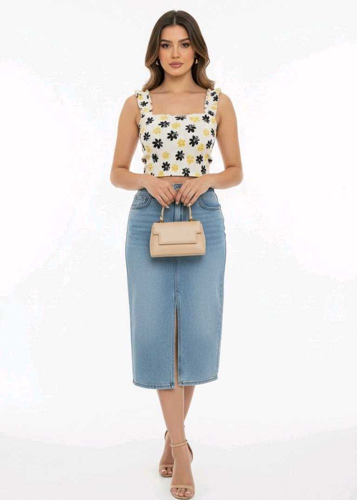 zara floral Crop Top &amp; Denim Skirt