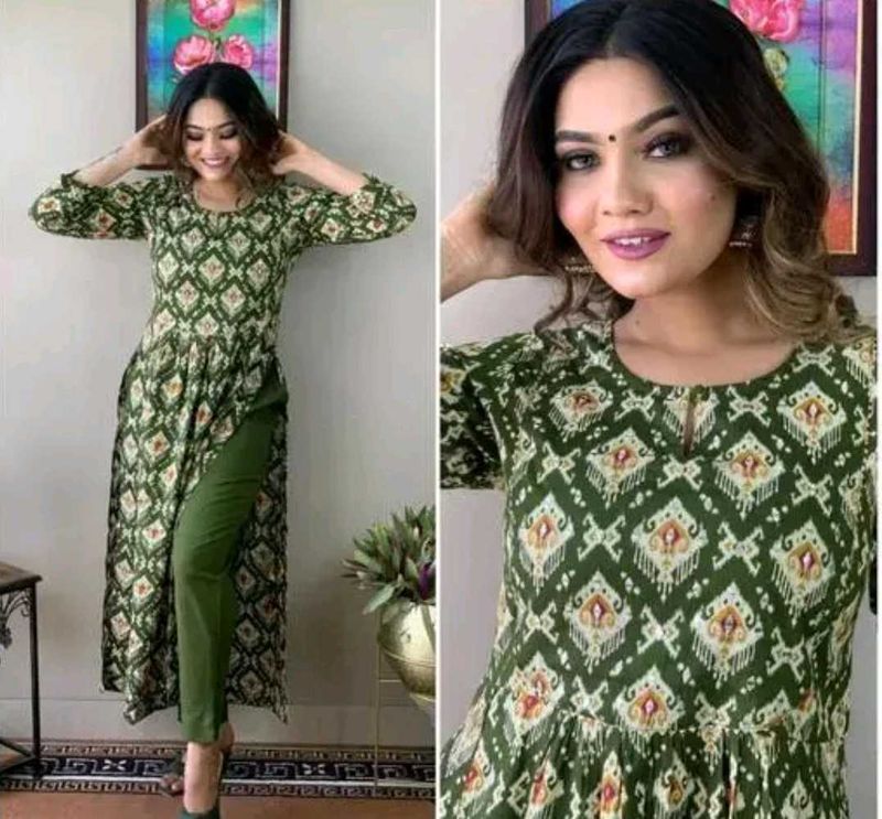Enchanting Green Hand Block Kurti Pant wid Dupatta