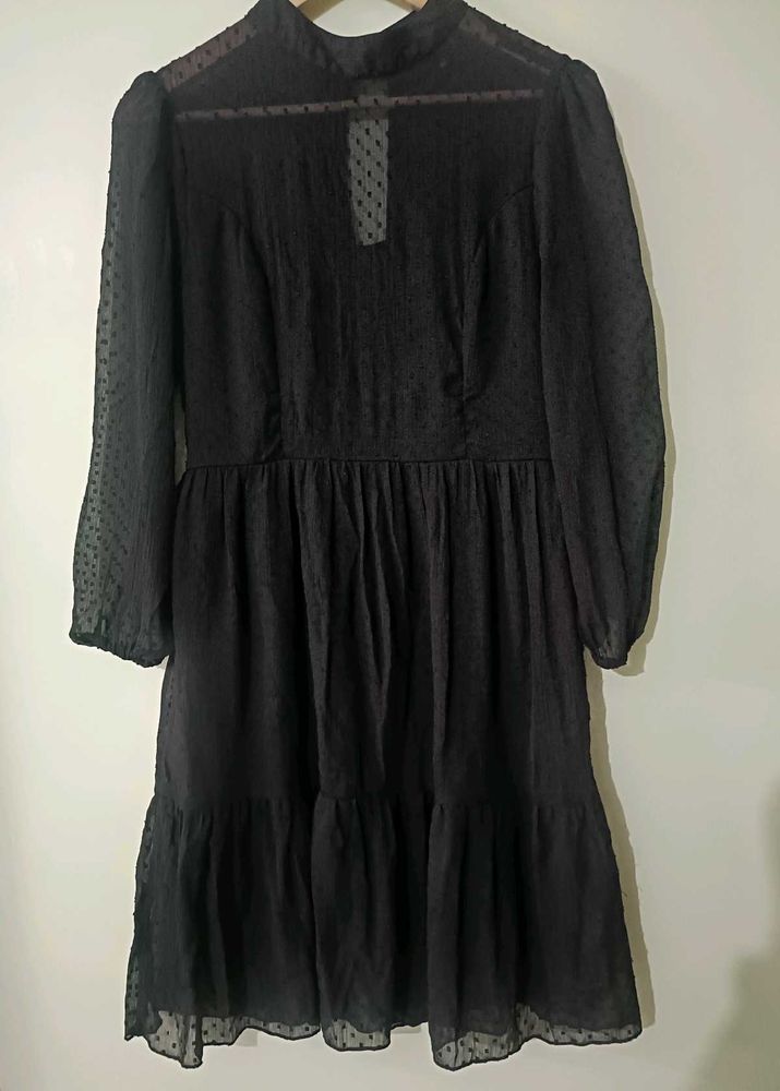 Ruffled Black Knee Length Dress
