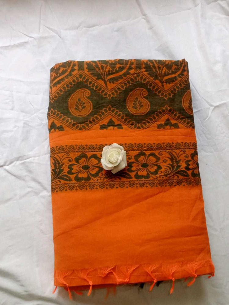 Orange Cotton Saree with Paisley Print