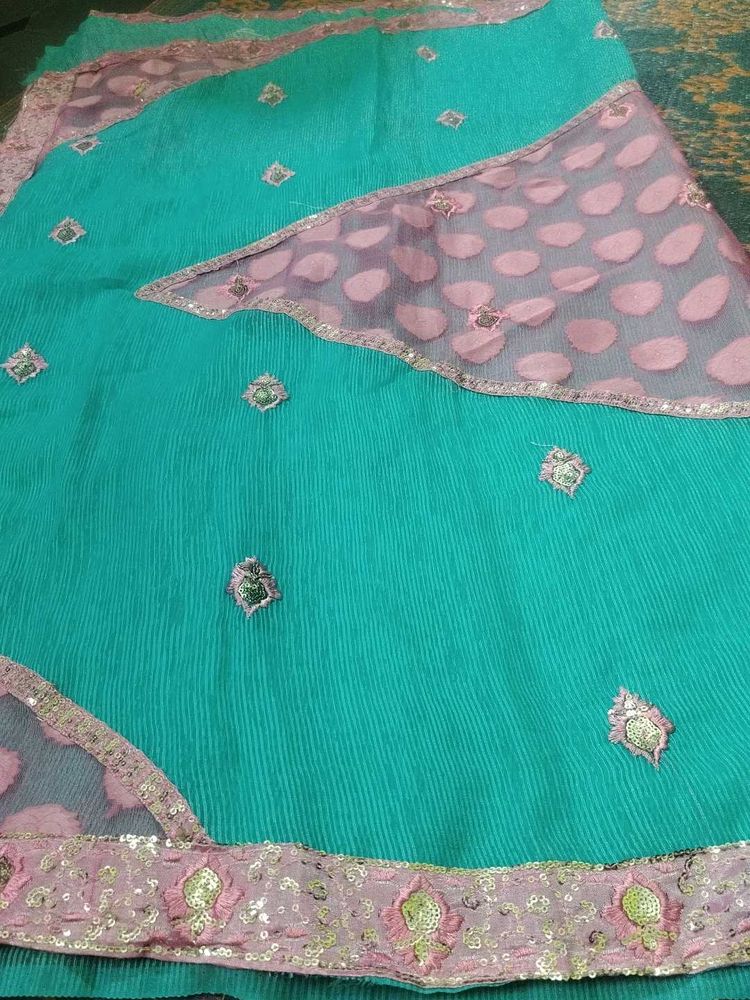 Teal &amp; Pink Sari with Embellishments