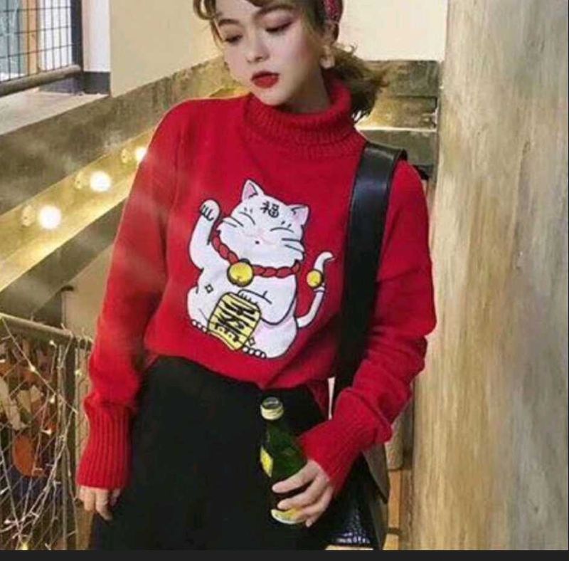 Red Lucky Cat Sweater