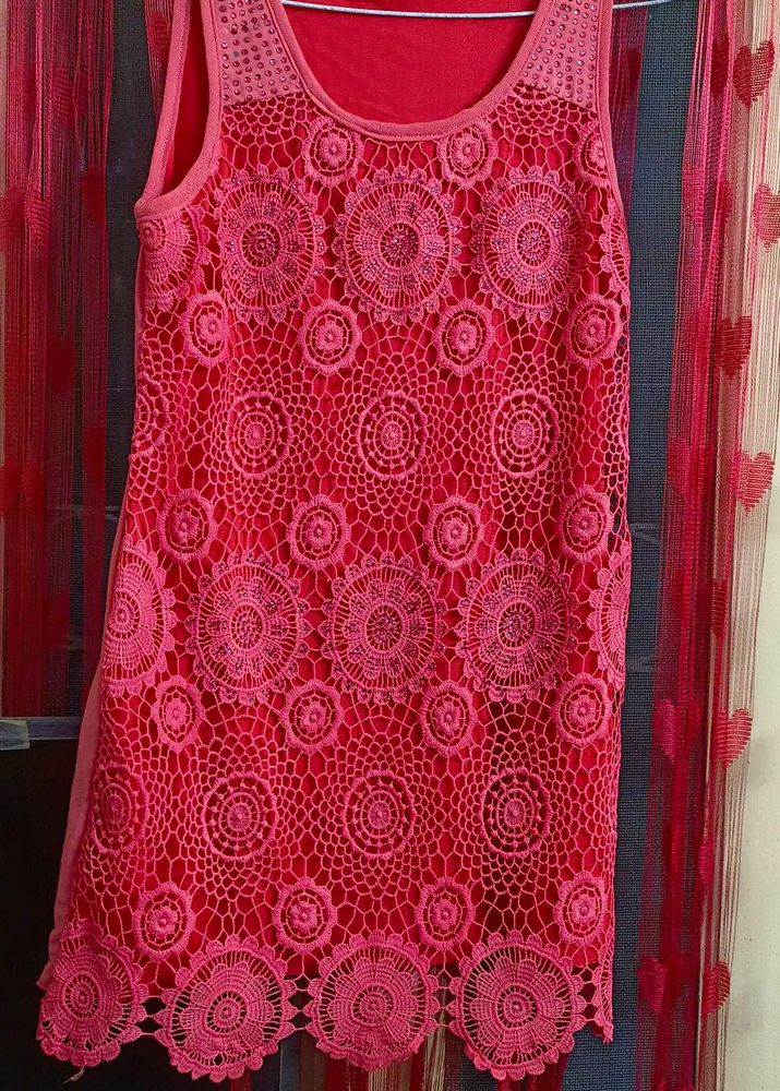 Red Crochet Sleeveless Tunic